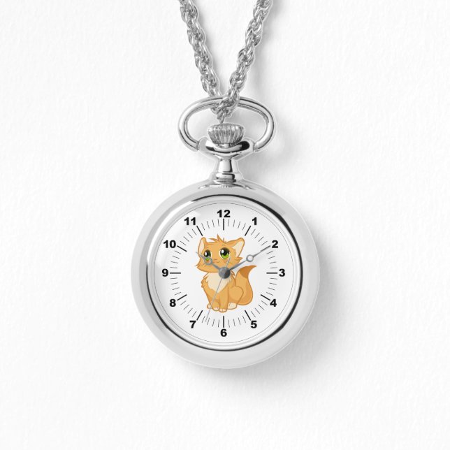 Zilver Ketting Horloge Schattige Cat (Voorkant)