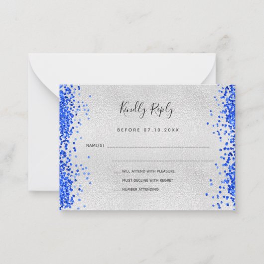 Zilver koningsblauw moderne bruiloft RSVP Notitiekaartje (Voorkant)