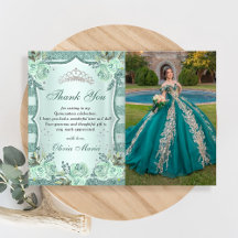 Zilver Koninklijke Groene Quinceanera Bedankkaart 