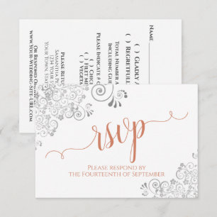 Zilver & Koraal op Witte Elegante Scriptie Bruilof RSVP Kaartje