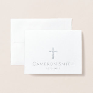 Zilver kruis en naam verlies sympathie bedankt folie kaarten