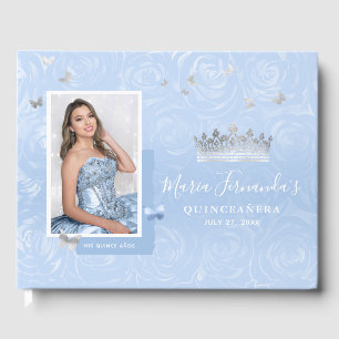 Zilver Licht Baby Blauwe Rozen Foto Quinceanera Gastenboek