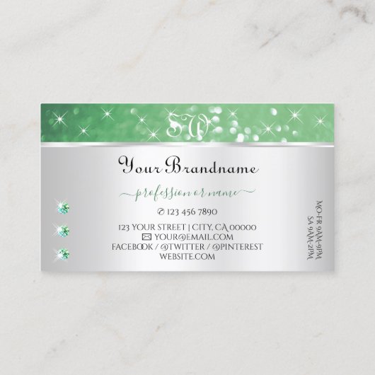 Zilver Licht Emerald Groen Glitter Juwelen Monogra Visitekaartje (Achterkant)