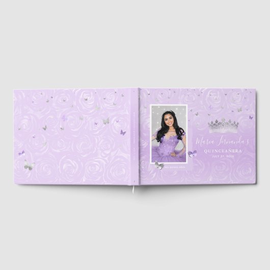 Zilver Licht Paarse Roos Elegante Foto Quinceanera Gastenboek (Volledig)