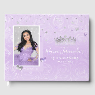 Zilver Licht Paarse Roos Elegante Foto Quinceanera Gastenboek