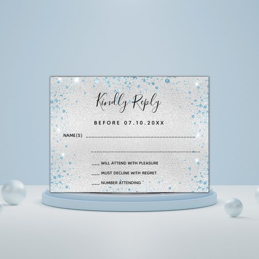 Zilver lichtblauwe glitter budget bruiloft RSVP Flyer