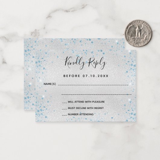 Zilver lichtblauwe glitter elegant bruiloft RSVP Notitiekaartje (Voorkant / Achterkant in situ)