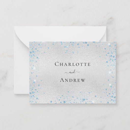 Zilver lichtblauwe glitter elegant bruiloft RSVP Notitiekaartje (Achterkant)