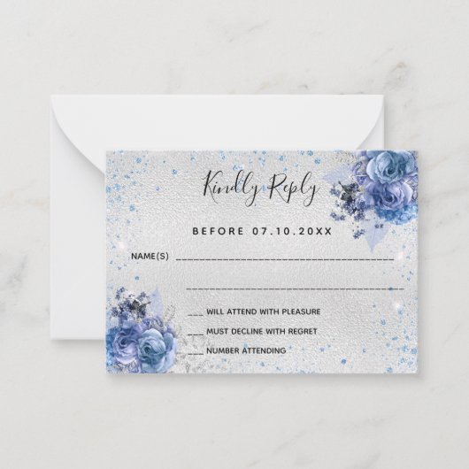Zilver lichtblauwe glitter floral bruiloft RSVP Notitiekaartje (Voorkant)