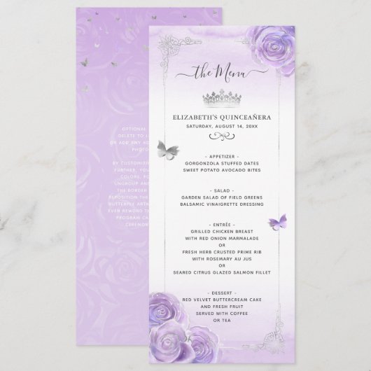Zilver Lichte Paarse Rozen Elegant Floral Menu (Voorkant / Achterkant)