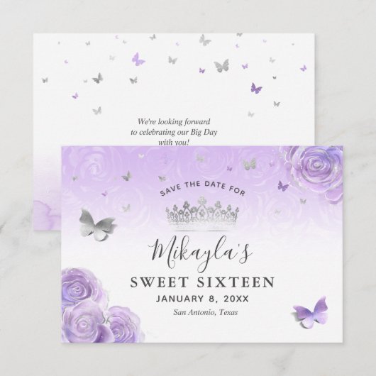 Zilver Lichte Paarse Rozen Elegant Save The Date (Voorkant / Achterkant)