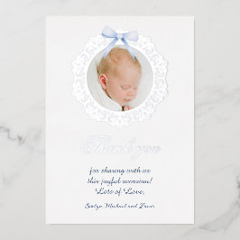 Zilver Lijst Blauw Bow doop Folie dank u kaart