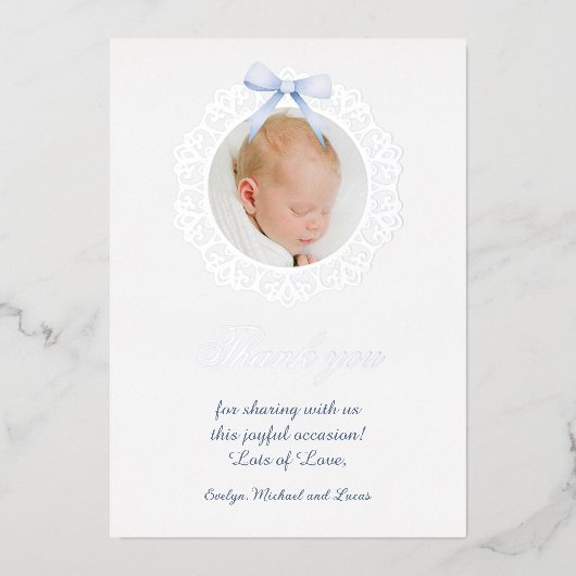 Zilver Lijst Blauw Bow doop Folie dank u kaart (Voorkant)