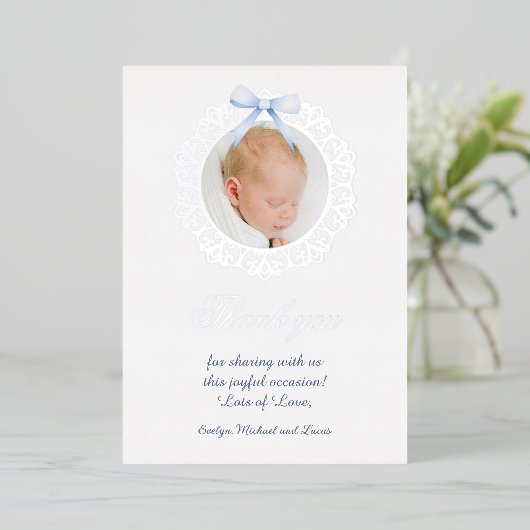 Zilver Lijst Blauw Bow doop Folie dank u kaart (Staand Voorkant)