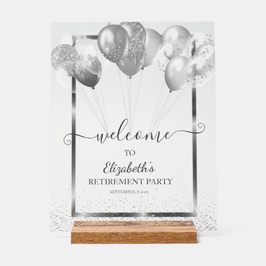 Zilver Lijst Navy Confetti Balloons Retirement Acryl Bord (Voorkant)