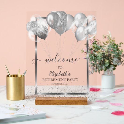 Zilver Lijst Navy Confetti Balloons Retirement Acryl Bord (Huwelijk)