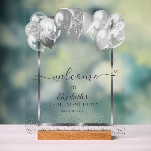 Zilver Lijst Navy Confetti Balloons Retirement Acryl Bord (Neutraal)