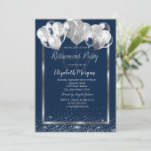 Zilver Lijst Navy Confetti Balloons Retirement Kaart (Staand voorkant)