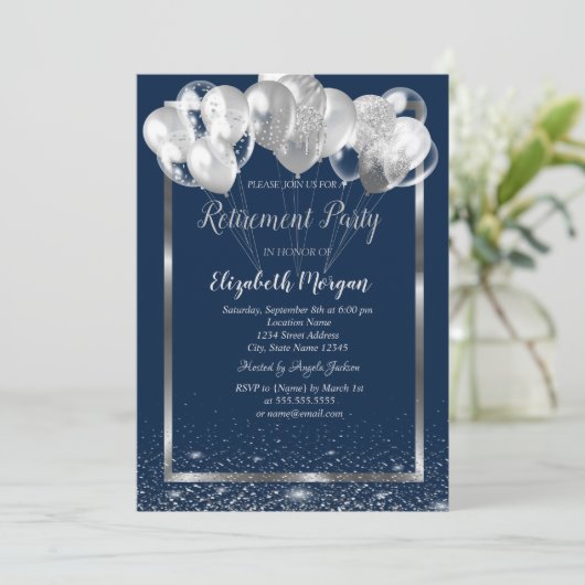 Zilver Lijst Navy Confetti Balloons Retirement Kaart (Staand voorkant)