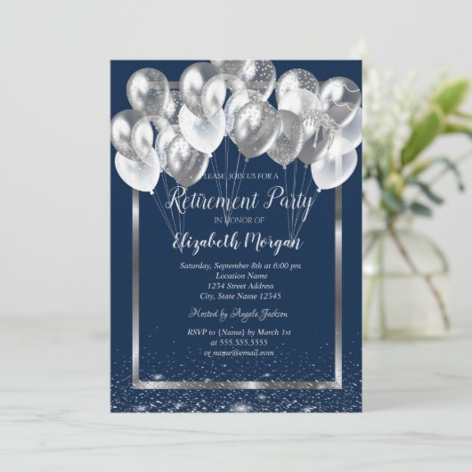 Zilver Lijst Navy Confetti Balloons Retirement Kaart (Staand voorkant)