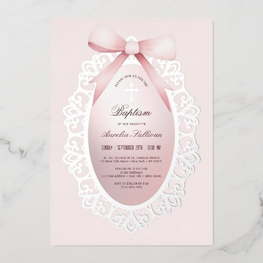 Zilver Lijst Roze Boog Doop Folie Uitnodiging (Voorkant)