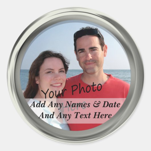 Zilver Lijst Uw Eigen Foto & Aangepaste Tekst Stic Ronde Sticker (Voorkant)