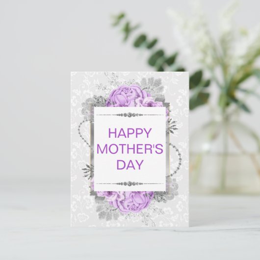 Zilver & Lila bloemen & Glitter-Moederdag Briefkaart (Staand voorkant)