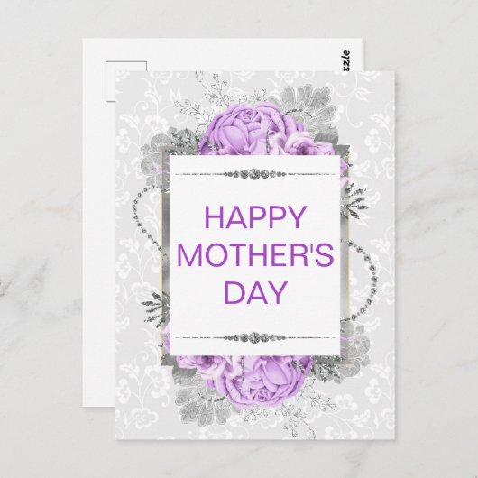 Zilver & Lila bloemen & Glitter-Moederdag Briefkaart (Voorkant / Achterkant)