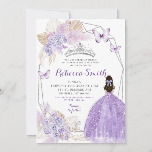 Zilver Lila Paarse Boho Vlinder Quinceañera Kaart (Voorkant)