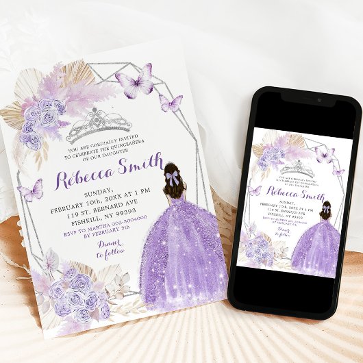 Zilver Lila Paarse Boho Vlinder Quinceañera Kaart