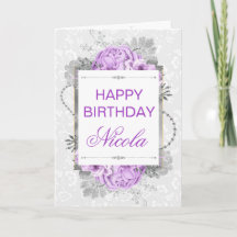 Zilver & Lilac Paarse Bloemen & Glitter Verjaardag