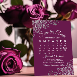 Zilver & magenta eenvoudige elegante trouwkalender save the date