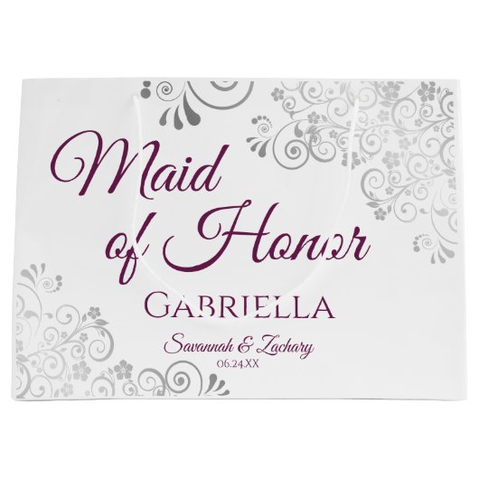 Zilver & Magenta op Witte Maid of Honor Bruiloft Groot Cadeauzakje (Voorkant)