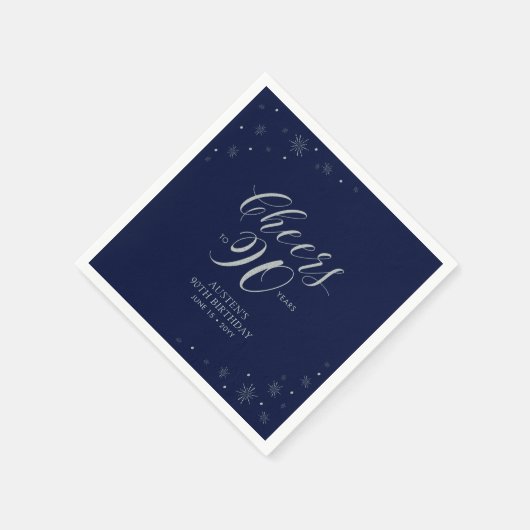 Zilver & Marine Blauw Proost 90ste Verjaardagsfees Servet (Hoek)