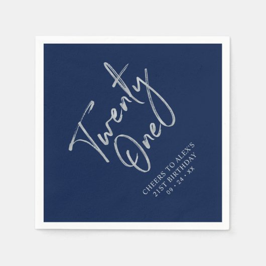 Zilver & Marine Blauw Twenty One 21ste verjaardags Servet (Voorkant)
