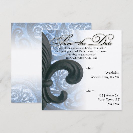 zilver/marine "iron fleur de lis" save the date (Voorkant / Achterkant)