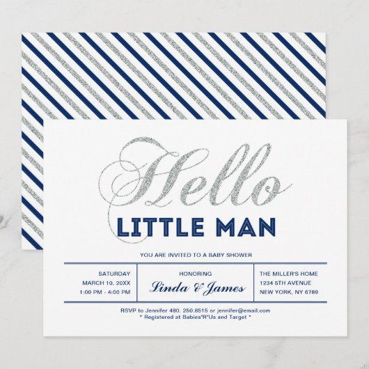 Zilver, marine | Modern Typografie Boy Baby shower Kaart (Voorkant / Achterkant)