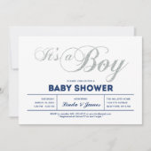 Zilver, marine | Modern Typografie Boy Baby shower Kaart (Voorkant)