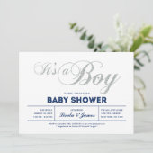 Zilver, marine | Modern Typografie Boy Baby shower Kaart (Staand voorkant)