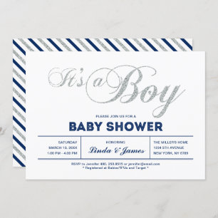 Zilver, marine Modern Typografie Boy Baby shower Kaart