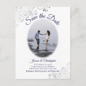 Zilver & Marine op Witte Foto Bruiloft Save the Da Aankondigingskaart (Voorkant)