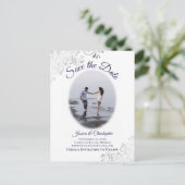 Zilver & Marine op Witte Foto Bruiloft Save the Da Aankondigingskaart (Staand voorkant)