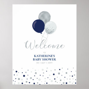 Zilver & Marineblauwe Ballonnen Welkom Baby Show Poster