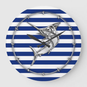 Zilver marlijn zwaardvis op marinestrepen grote klok