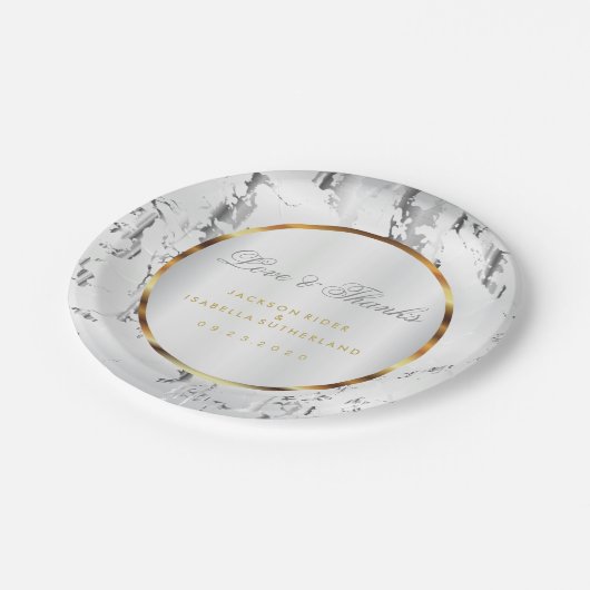 Zilver Marmer, Goud en Wit Satijn Papieren Bordje (Gekanteld)