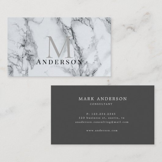 Zilver Marmer Mannelijk Dubbel Monogram Visitekaartje (Voorkant / Achterkant)