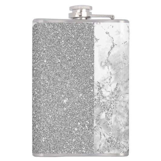 Zilver Marmer Zilver Glitter Elegant Monogram Heupfles (Achterkant)