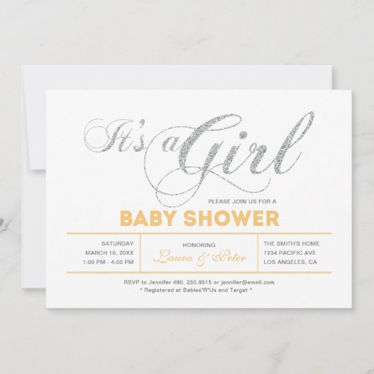 Zilver | Meisje, modern Baby shower voor typografi Kaart (Voorkant)