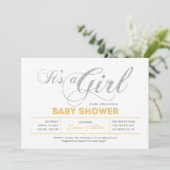Zilver | Meisje, modern Baby shower voor typografi Kaart (Staand voorkant)