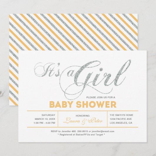 Zilver | Meisje, modern Baby shower voor typografi Kaart (Voorkant / Achterkant)